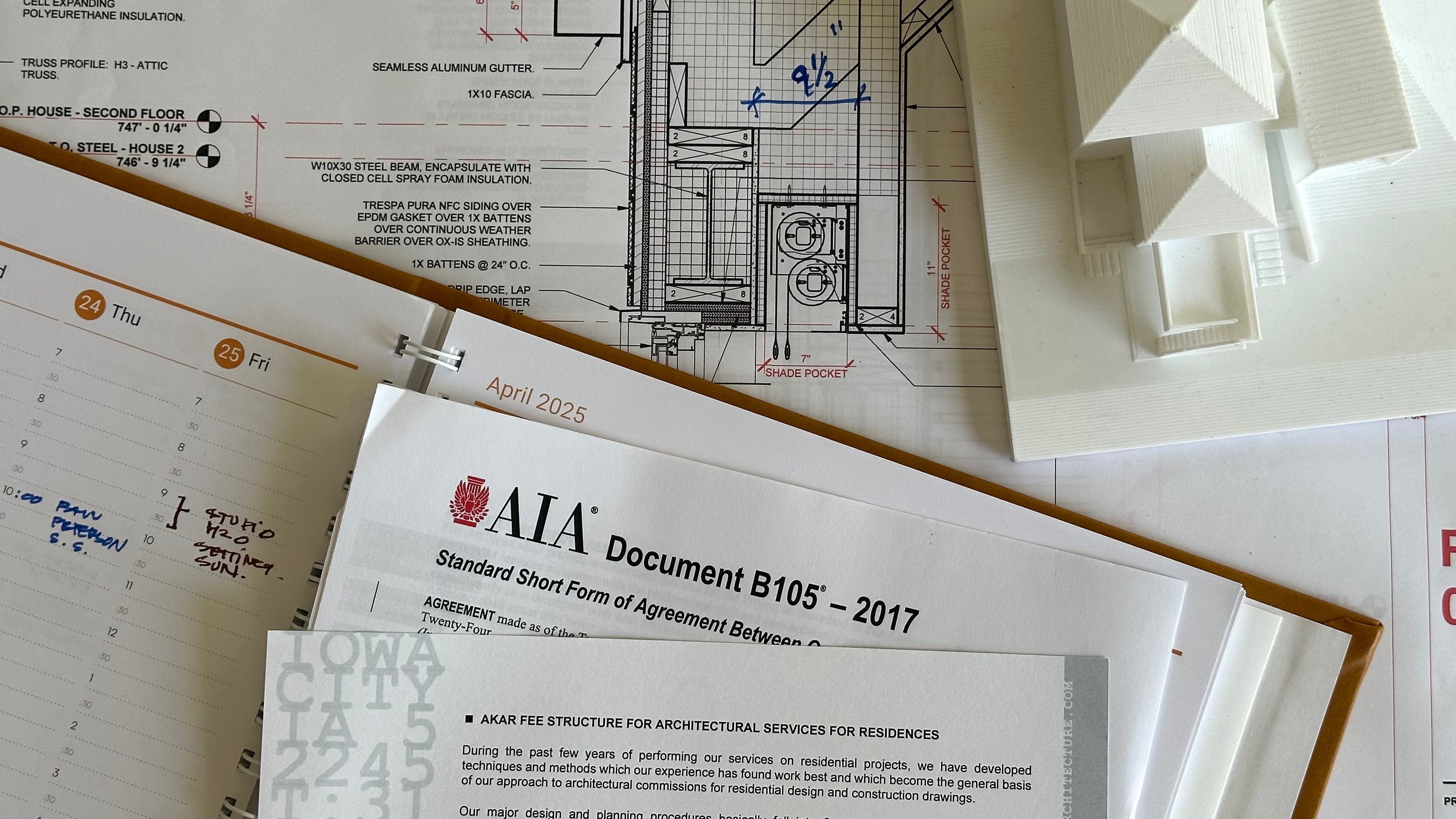 The AKAR Way of Project Management. Collection of contractual documnets- AIA contract, Construction drawings, Appointment book and a house model