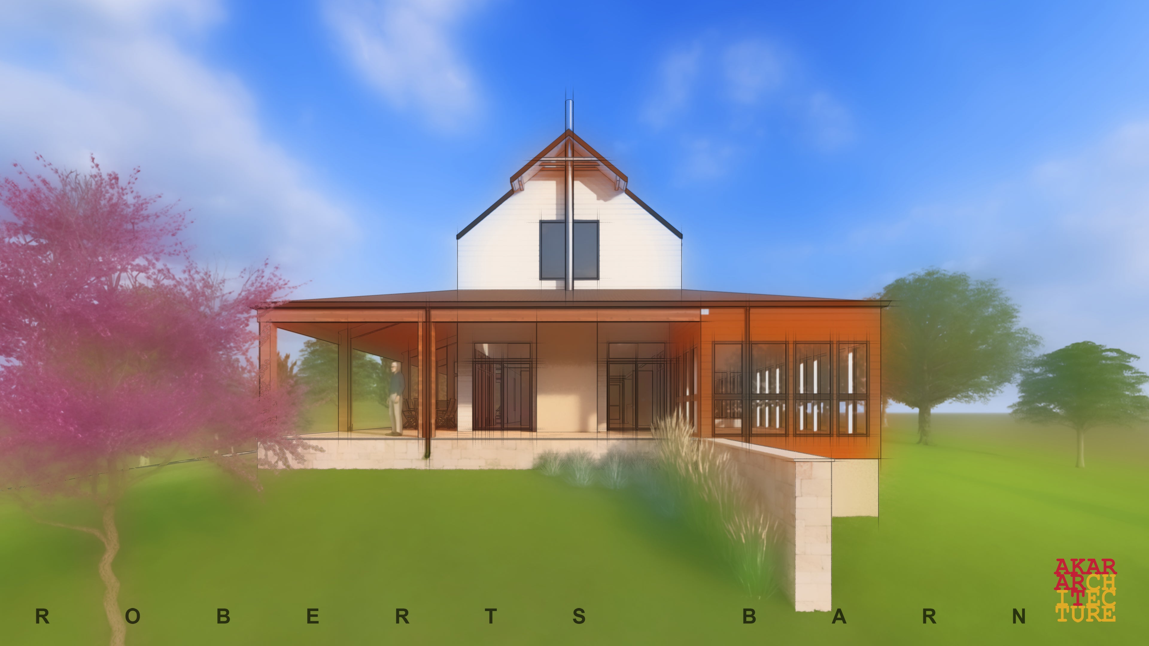 3D rendering of a  modern farmhouse, with wrap around porch. Akar Architecture